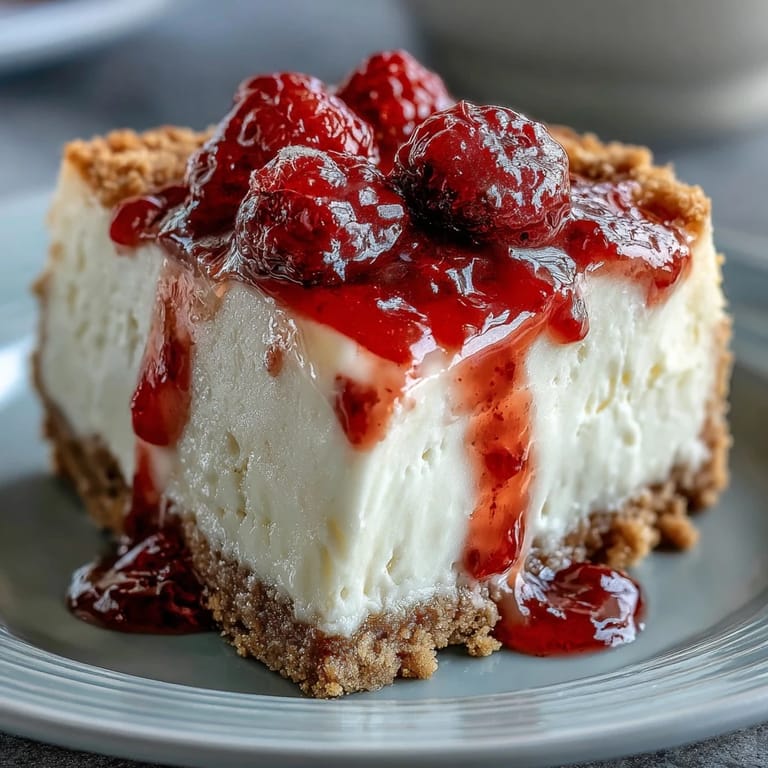 Thick slice of white chocolate raspberry cheesecake with a buttery graham cracker base and swirled red raspberry sauce for a sweet and tangy treat.