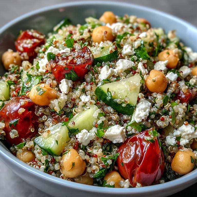 Bright cherry tomatoes and creamy feta cheese are visible on top of the High Protein Quinoa & Chickpea Salad.