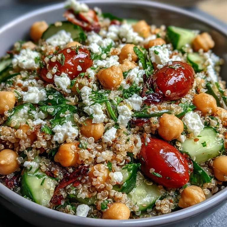 A fork is ready to serve the healthy Mediterranean-inspired High Protein Quinoa & Chickpea Salad.