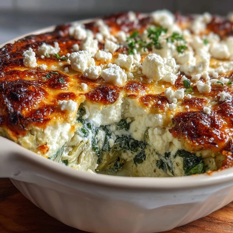 A close-up of High Protein Spinach Artichoke Bake shows a golden crust over spinach and artichoke filling.