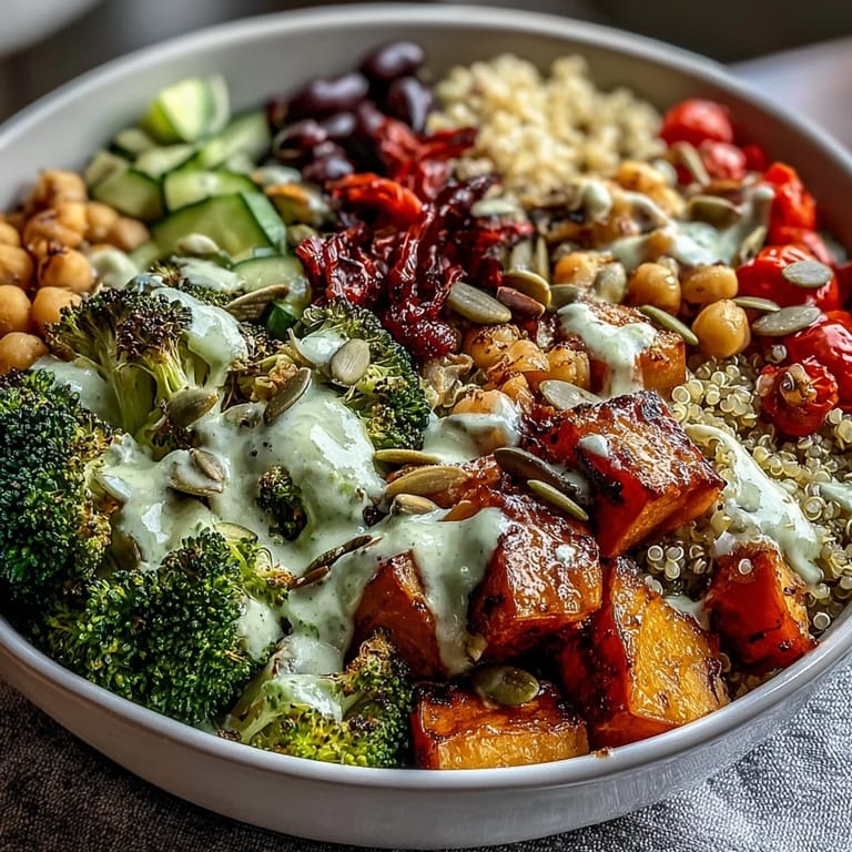 Healthy Meal Prep Week-Long Power Bowl topped with pumpkin seeds and drizzled with lemon-tahini dressing, perfect for busy lunches.