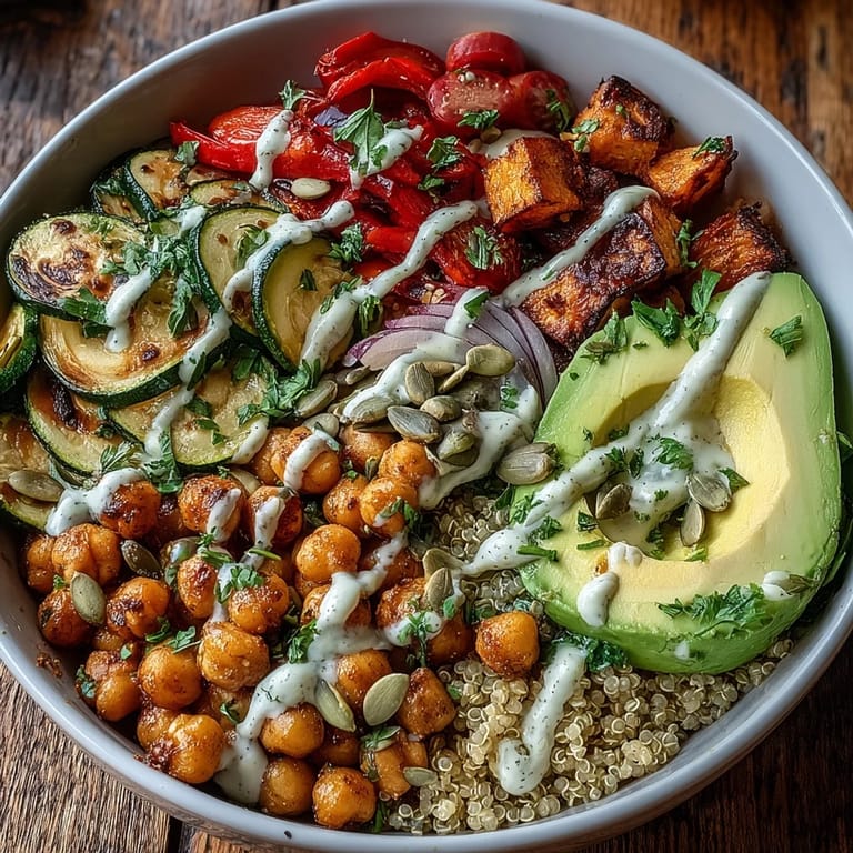 Close-up of a Chickpea Power Bowl showing fluffy quinoa, colorful roasted veggies, and fresh avocado slices.