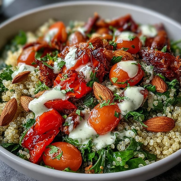 A freshly prepared Veggie and Quinoa Power Bowl with black beans, zucchini, and red bell peppers ready to serve for lunch.
