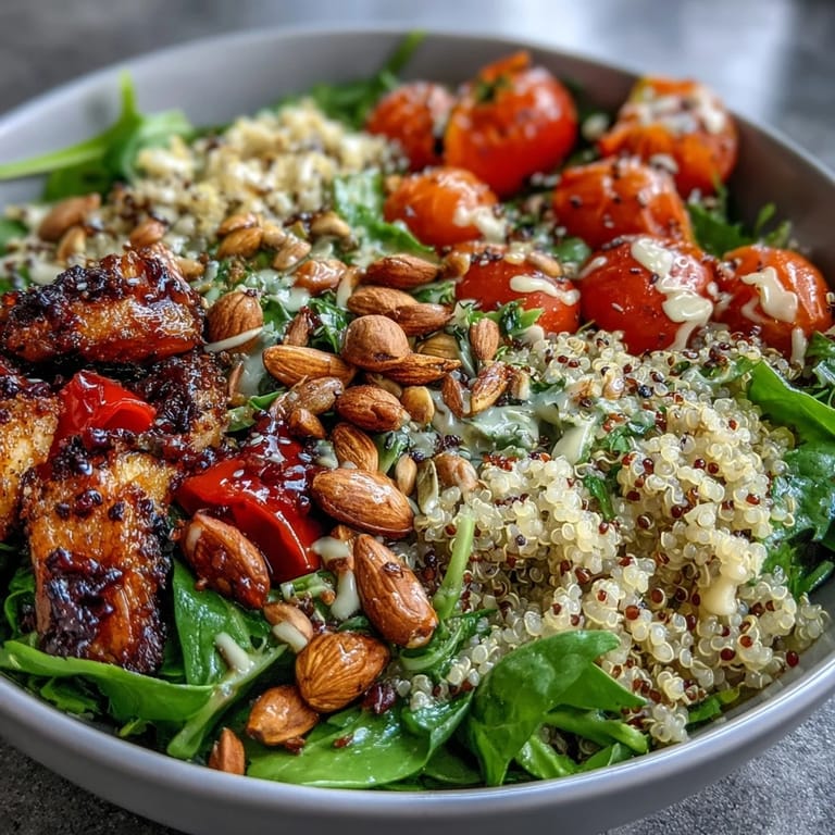 Healthy vegetarian meal prep bowl featuring protein-rich quinoa and chickpeas, drizzled with a bright lemon vinaigrette for a zesty finish.