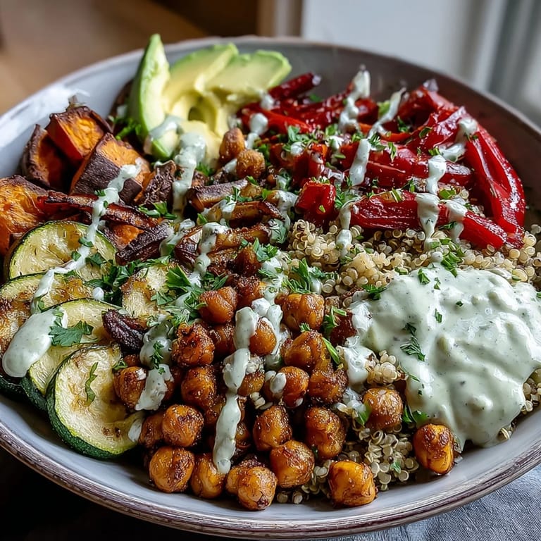 Crispy roasted chickpeas and colorful veggies sit atop fluffy quinoa in this Roasted Chickpea Power Bowl, finished with rich tahini sauce.