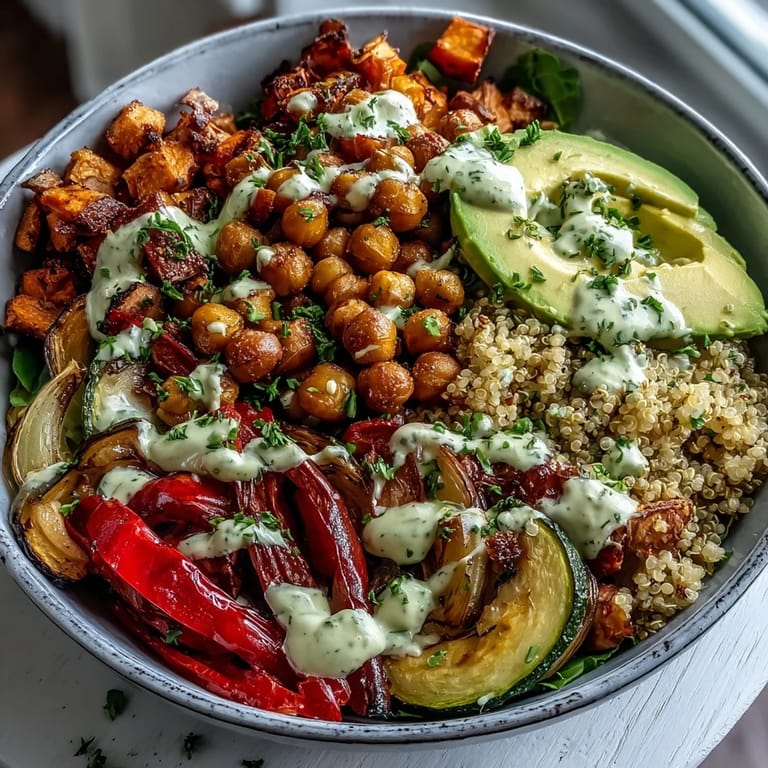 Healthy vegan Roasted Chickpea Power Bowl with sweet potatoes, red peppers, and creamy tahini drizzle served over fresh greens and grains.
