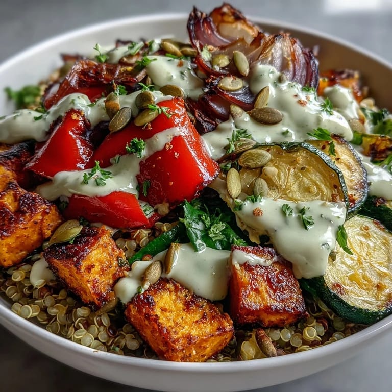 Hearty Lentil Power Bowl featuring caramelized sweet potatoes and red onions, served as a nutritious dinner.