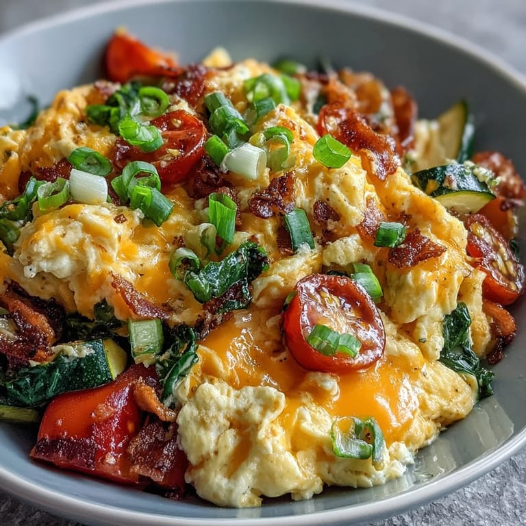 A healthy Scrambled Egg and Veggie Bowl breakfast for two, garnished with green onions and ready to serve with hot sauce on the side.