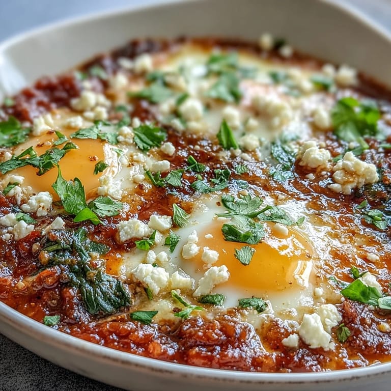 Vibrant Shakshuka Bowl garnished with fresh cilantro and feta cheese, bubbling in a skillet ready to be scooped up.