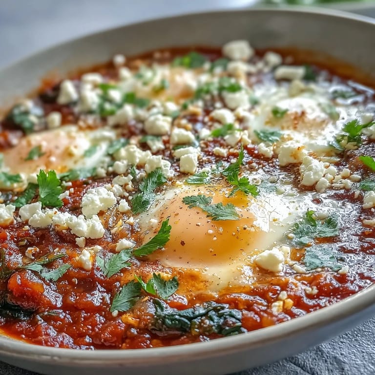 Homemade Shakshuka Bowl featuring perfectly poached eggs nestled in peppers and tomatoes, with soft pita bread for dipping.