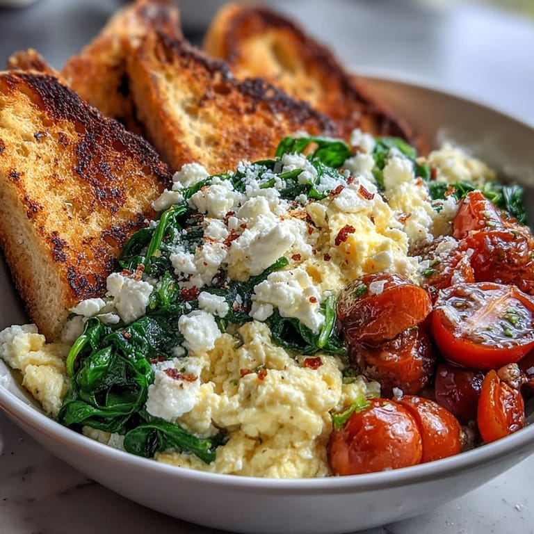 A hearty Spinach and Feta Breakfast Bowl with fluffy eggs, juicy tomatoes, and toasted whole grain bread for a Mediterranean morning.