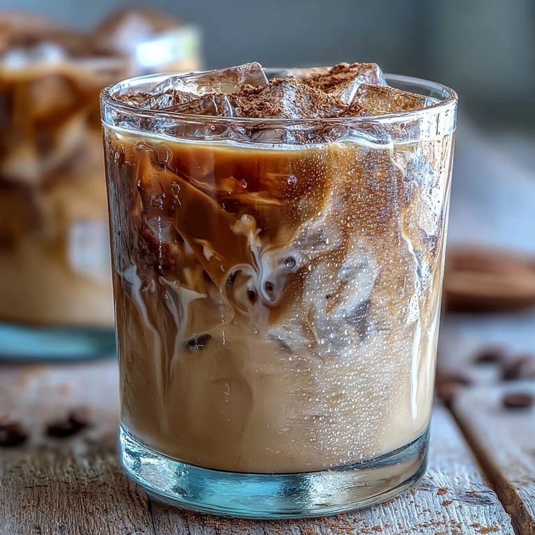 A close-up of an Iced Hojicha with Cinnamon topped with ground spice, sitting on a wood table with ice.