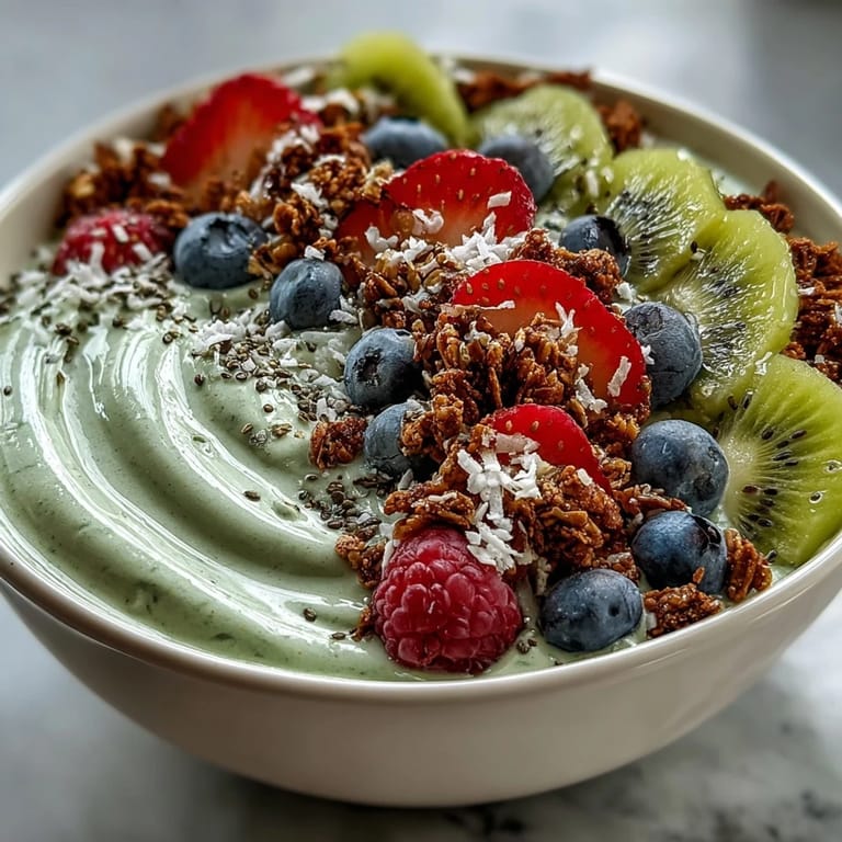 Vibrant Hojicha Smoothie Bowl with chia seeds and coconut flakes, ready to enjoy with a spoon for a healthy snack.