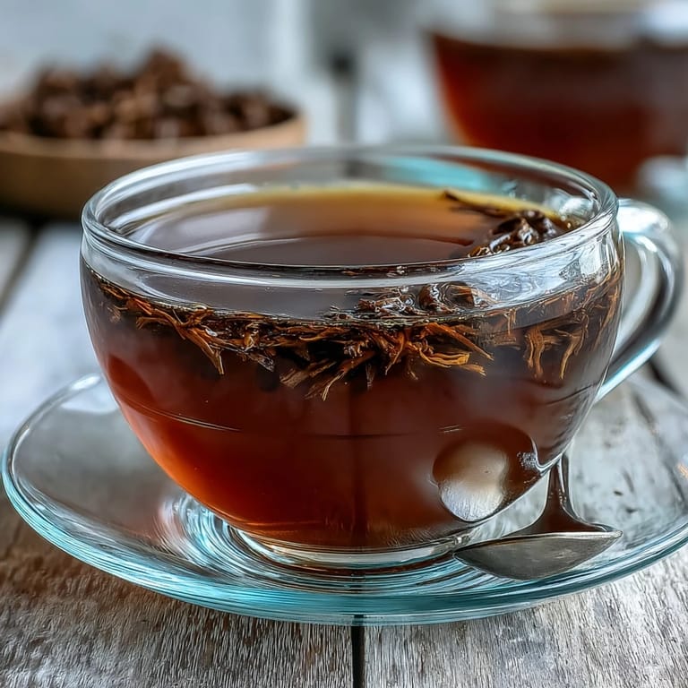 Homemade Hojicha Americano beverage, prepared in a clear glass mug to display its rich, reddish-brown color.