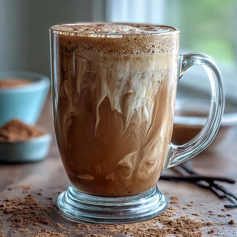 Barista-style Hojicha Latte with Vanilla Extract poured into a rustic mug, highlighting a rich, nutty aroma and velvety texture.