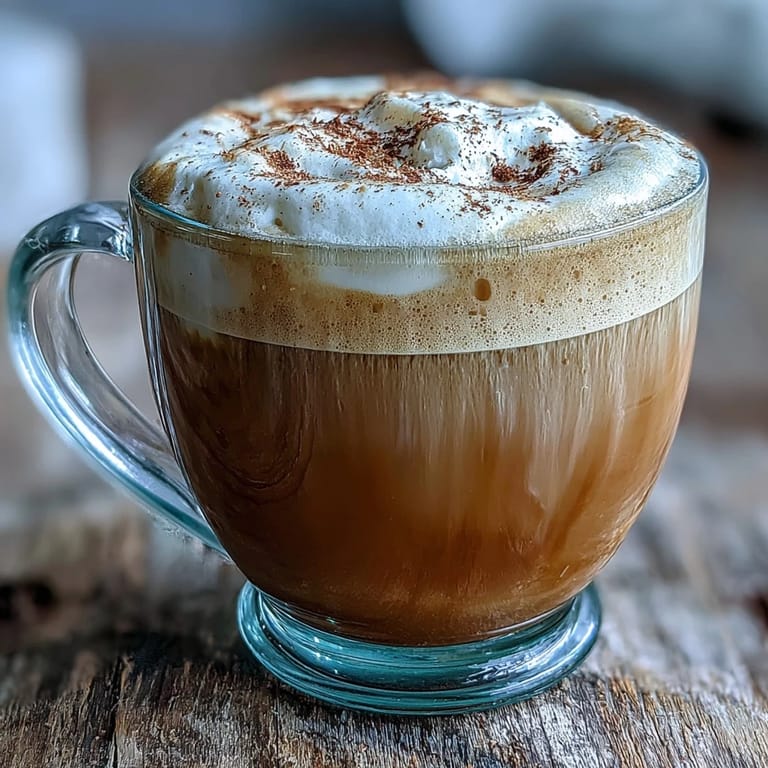 A freshly brewed Hojicha Cortado topped with frothy steamed milk, resting on a wooden countertop beside loose tea leaves.