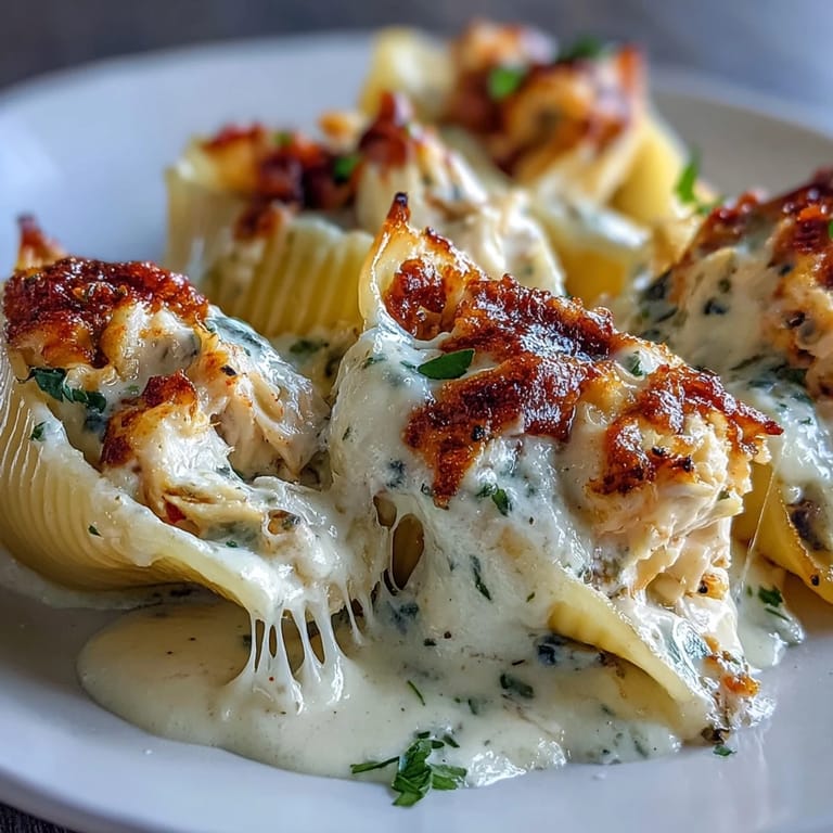 Creamy Seafood Stuffed Shells bake in a dish next to a glass of crisp white wine.