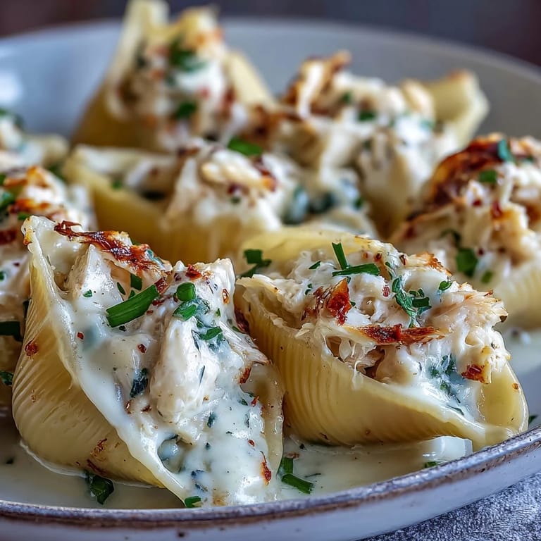 Rich Creamy Seafood Stuffed Shells are garnished with fresh parsley and served warm for a cozy dinner.