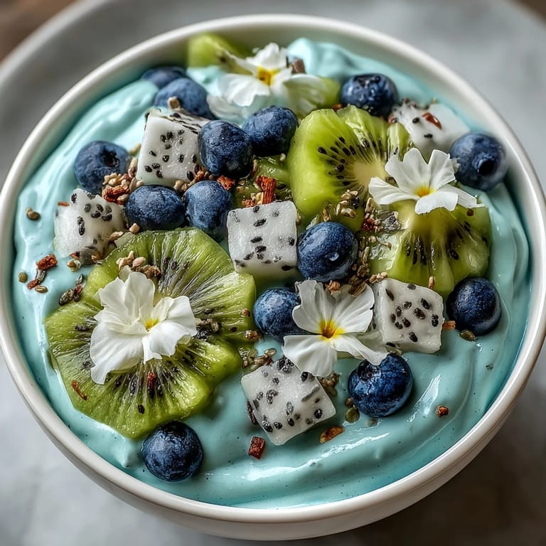 Colorful Whimsical Healthy Mermaid Smoothie Bowl garnished with edible flowers and hemp seeds served in a bowl.