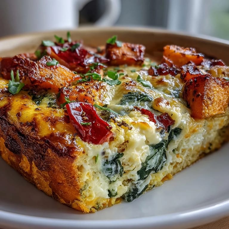 A rustic skillet shows Easy Sweet Potato Egg Casserole ready to serve, garnished with feta and spinach.