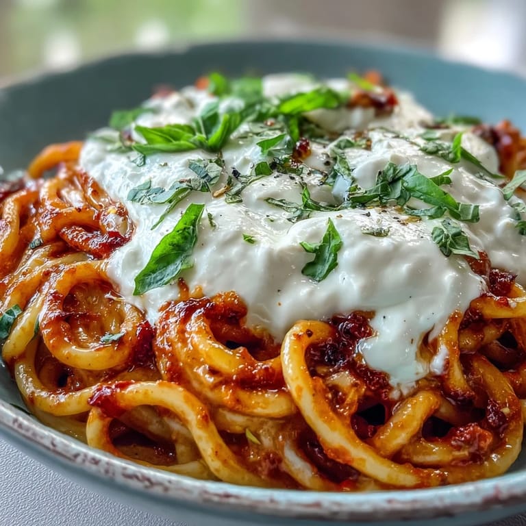 A close-up of Creamy Red Pepper Pasta with Burrata & Herbs, featuring al dente noodles smothered in a rich, vibrant sauce.