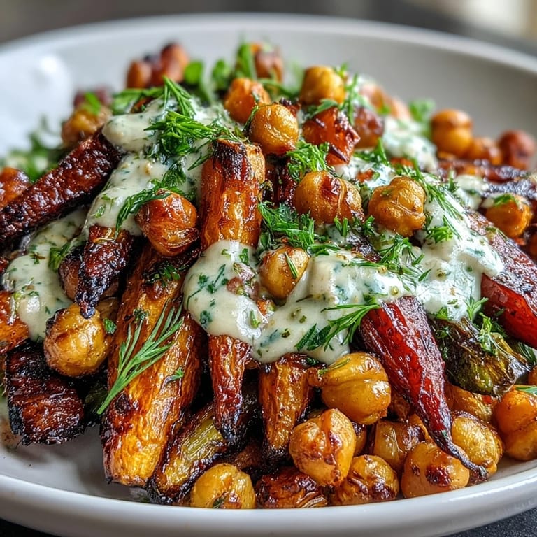 Overhead view of a wholesome One-Pan Roasted Carrot and Chickpea Bowl served over quinoa, ready for a healthy Mediterranean-inspired dinner.