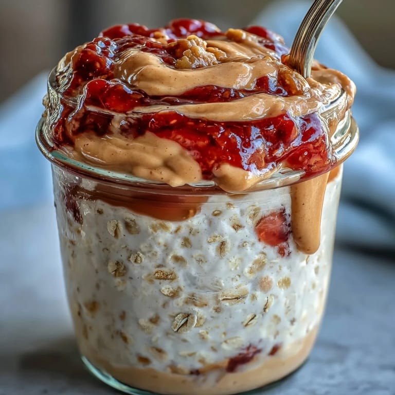 A nutritious breakfast serving of High-Protein Peanut Butter & Jelly Overnight Oats drizzled with extra peanut butter.