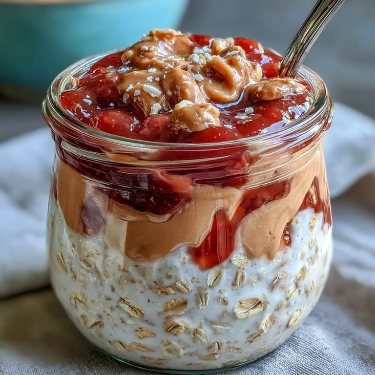 Jars of layered High-Protein Peanut Butter & Jelly Overnight Oats with a vibrant strawberry jam swirl.
