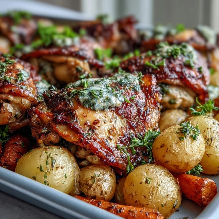 Juicy Crispy Ranch Sheet Pan Chicken & Veggies with roasted potatoes and carrots on a parchment-lined sheet pan. 