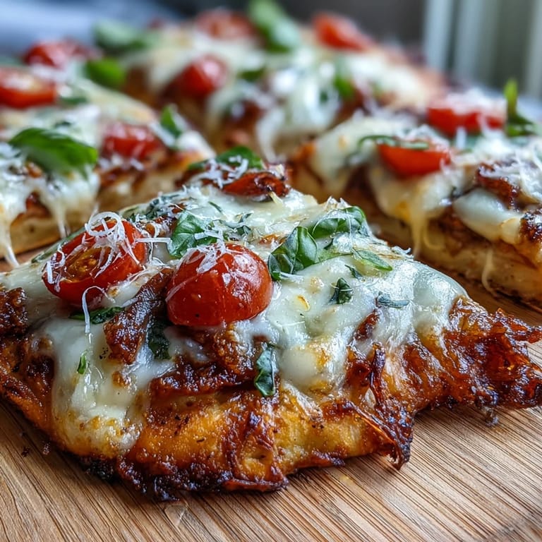 A rustic wooden platter serving two slices of Crispy Garlic Parmesan Naan Pizza with red onion and basil garnish.