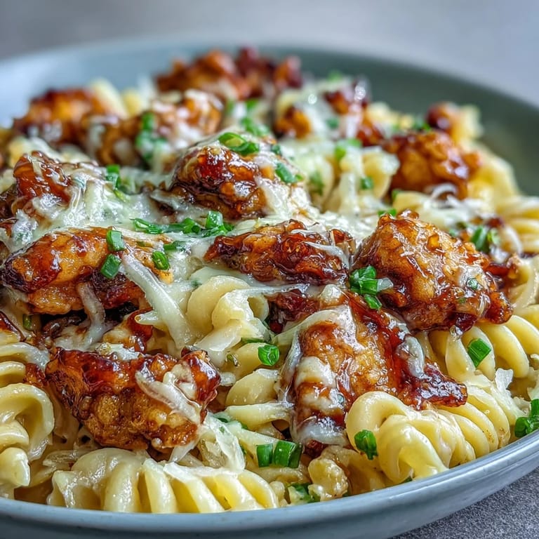 Creamy macaroni and tender BBQ chicken bites garnished with parsley, served hot as a family-friendly one-pan weeknight dinner.