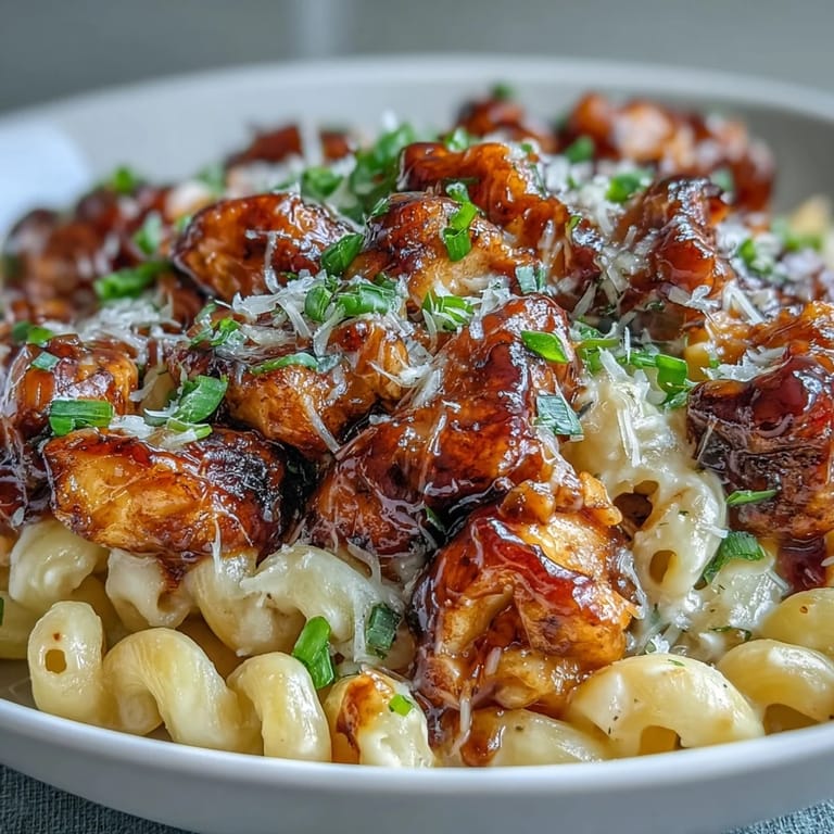 Pasta tossed in a sweet and smoky honey BBQ glaze with shredded cheese, ready to serve straight from the skillet.