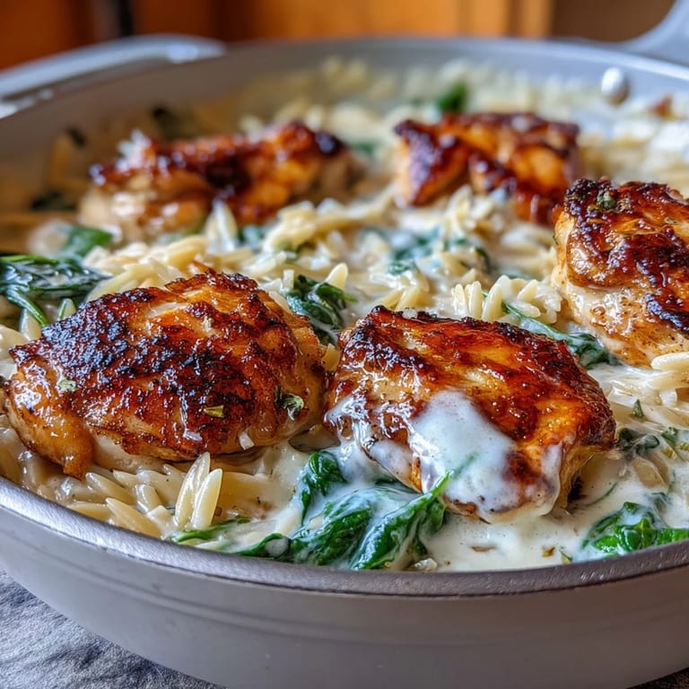Steaming plate of One-Pot Creamy Garlic Parmesan Chicken Orzo, garnished with parsley for a weeknight family dinner.