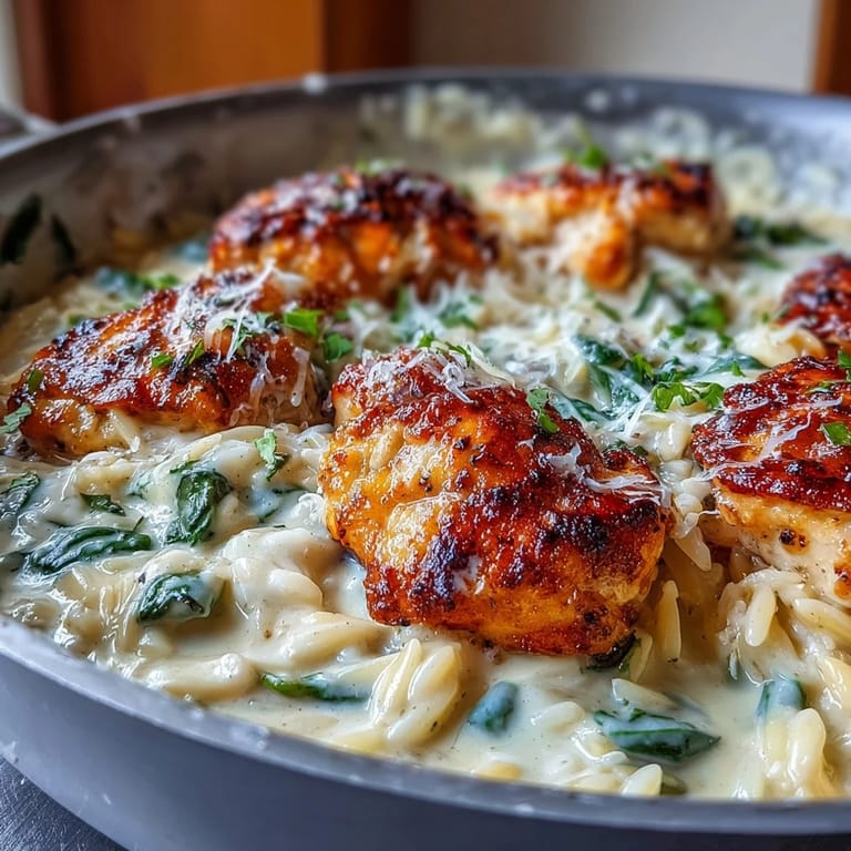 Cheesy One-Pot Creamy Garlic Parmesan Chicken Orzo with juicy chicken and silky sauce, served with a crisp salad.