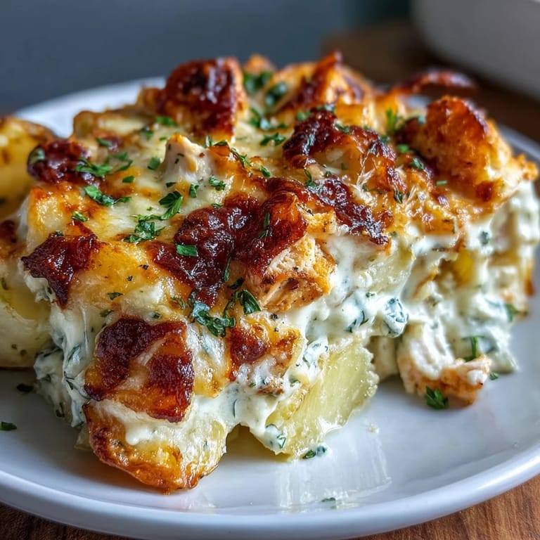 Sliced potatoes and juicy chicken in a rich ranch sauce make up this golden-bubbly Creamy Ranch Chicken Potato Bake.