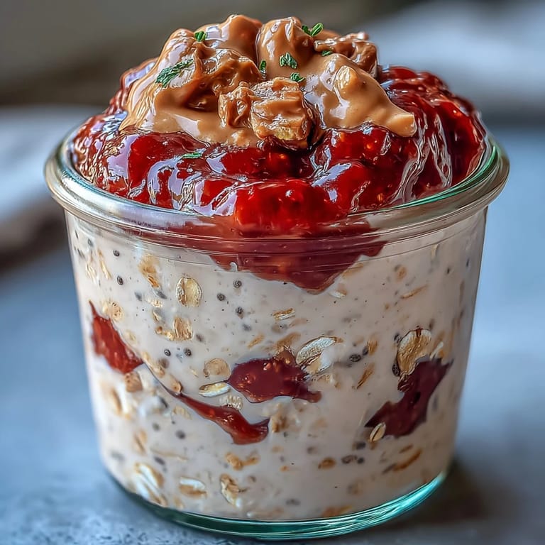 Two jars of High-Protein Peanut Butter & Jelly Overnight Oats topped with fresh strawberries, ready for a quick, protein-packed morning meal.