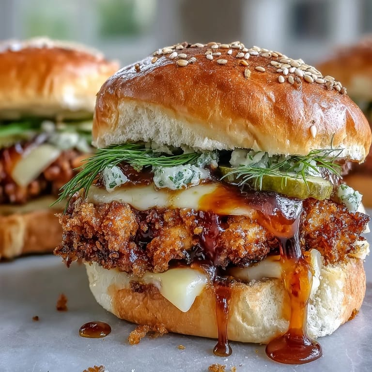 Cheesy Spicy Honey Butter Chicken Sandwich Bake pulled apart, revealing layers of juicy chicken, dill pickles, and spicy honey butter glaze.