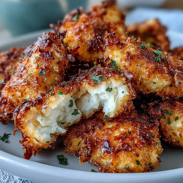 Freshly baked Asiago Panko Chicken Bites topped with parsley served on a platter for a casual party appetizer.