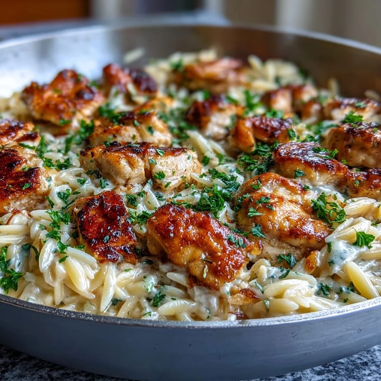 Spoonful of cheesy One-Pot Creamy Garlic Parmesan Chicken Orzo being lifted from a skillet, steam rising.