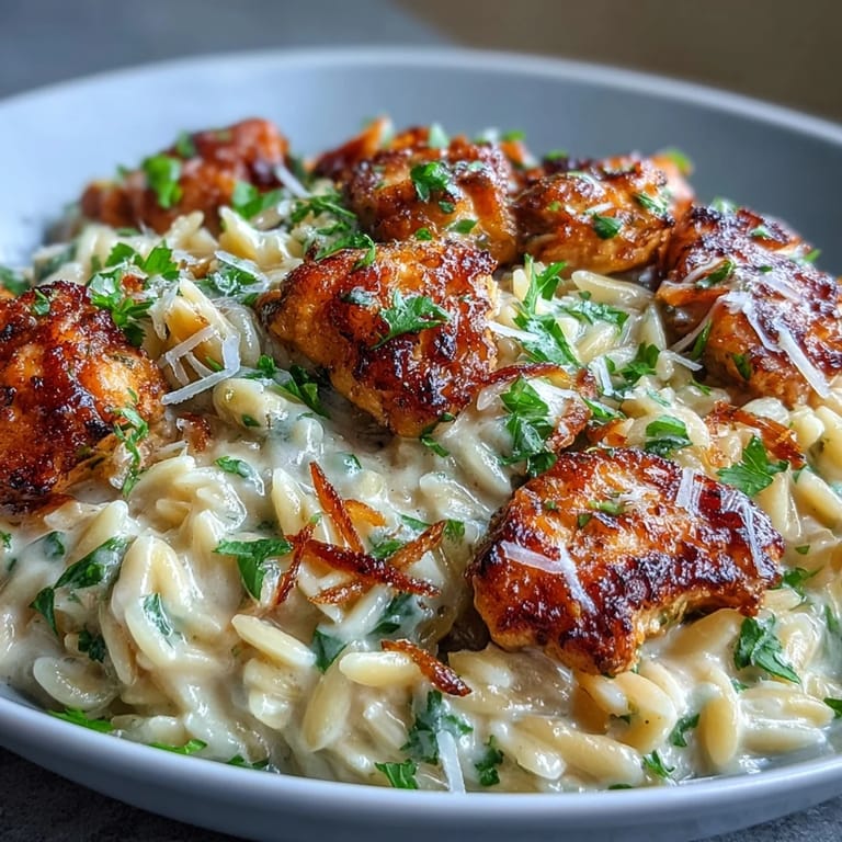 Close-up of tender chicken and saucy One-Pot Creamy Garlic Parmesan Chicken Orzo garnished with fresh parsley.