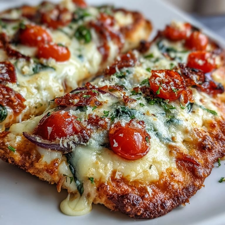 Four slices of Crispy Garlic Parmesan Naan Pizza served on a wooden board, garnished with fresh spinach and red onion.