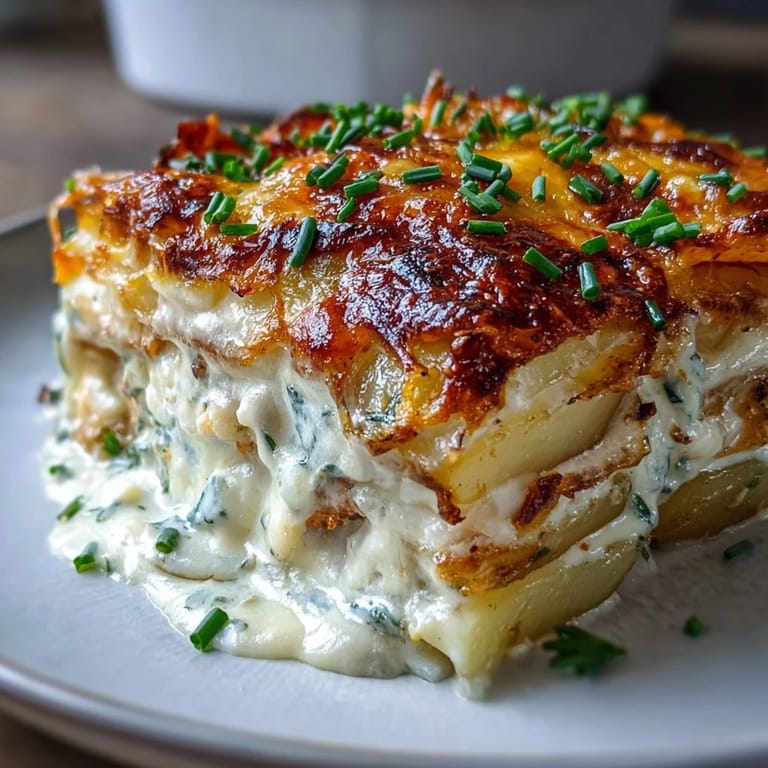 Steam rises from the freshly baked Creamy Ranch Chicken Potato Bake, showing bubbling cheese and golden edges.