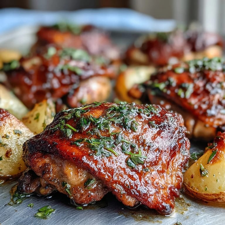 Sizzling ranch chicken thighs roast with golden potatoes and sweet carrots on a sheet pan, ready for a family dinner.