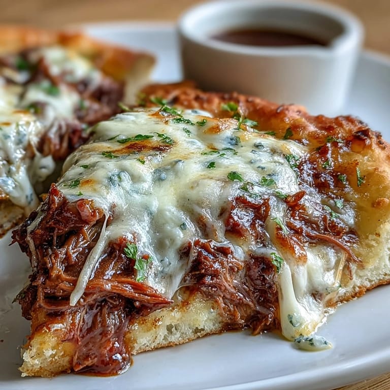 Close-up on a golden-brown Slow Cooker Beef & Garlic Naan Melt resting on a rustic plate, showcasing juicy shredded beef and gooey cheese filling.