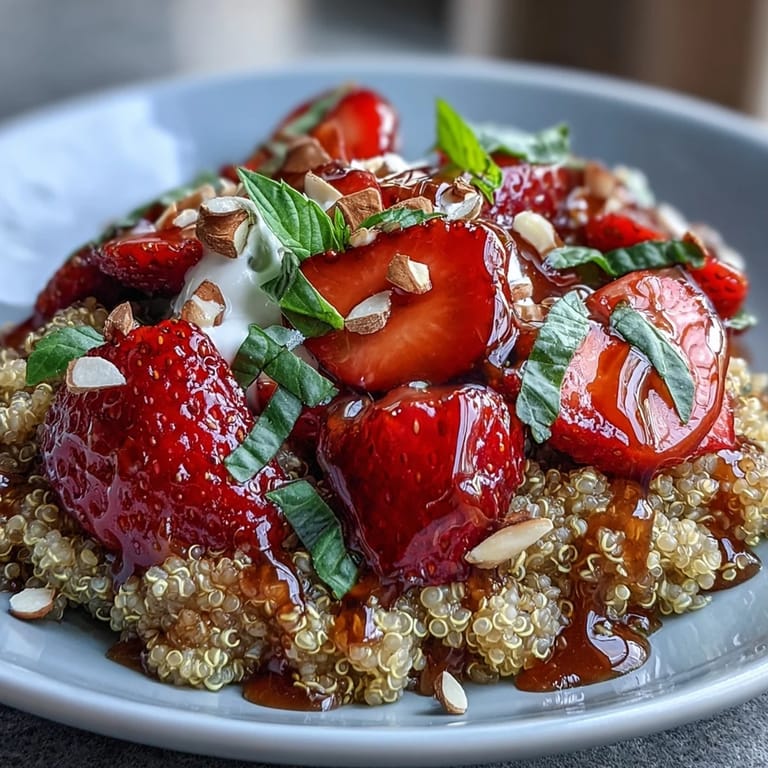 A close-up of a Strawberry Basil Breakfast Quinoa Bowl with creamy yogurt, slivered almonds, and chia seeds for extra texture.