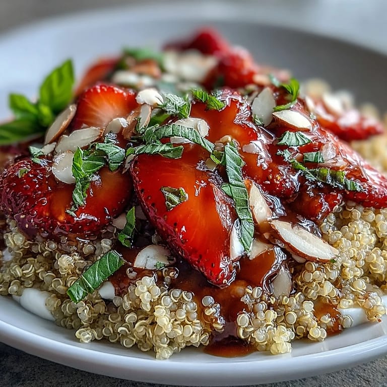 Overhead view of a healthy vegan quinoa breakfast bowl with sliced strawberries, basil garnish, and a sweet honey drizzle.