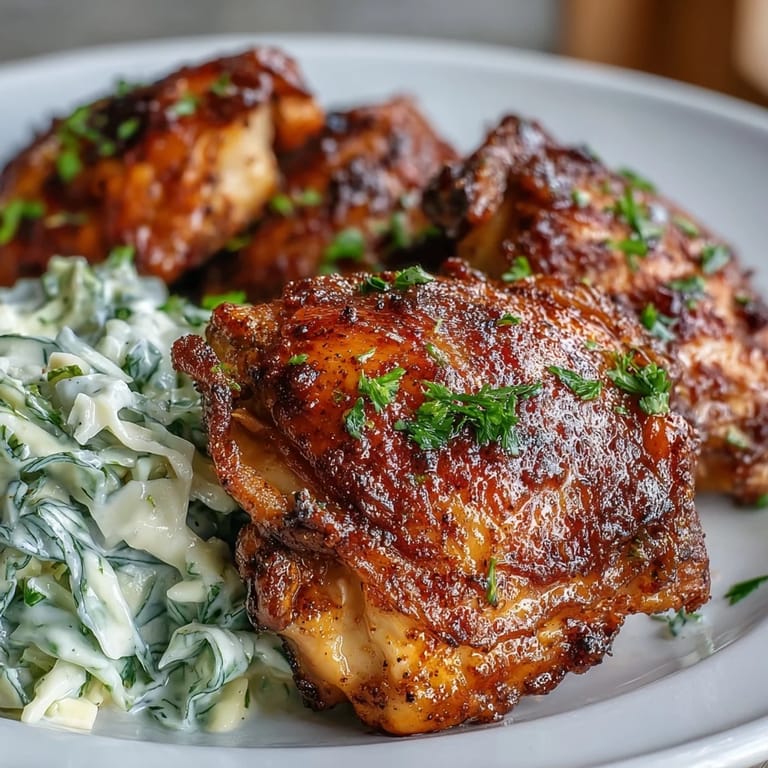 Juicy Keto Crispy Chicken Thighs with Lemon Butter Cabbage Slaw on a rustic plate.