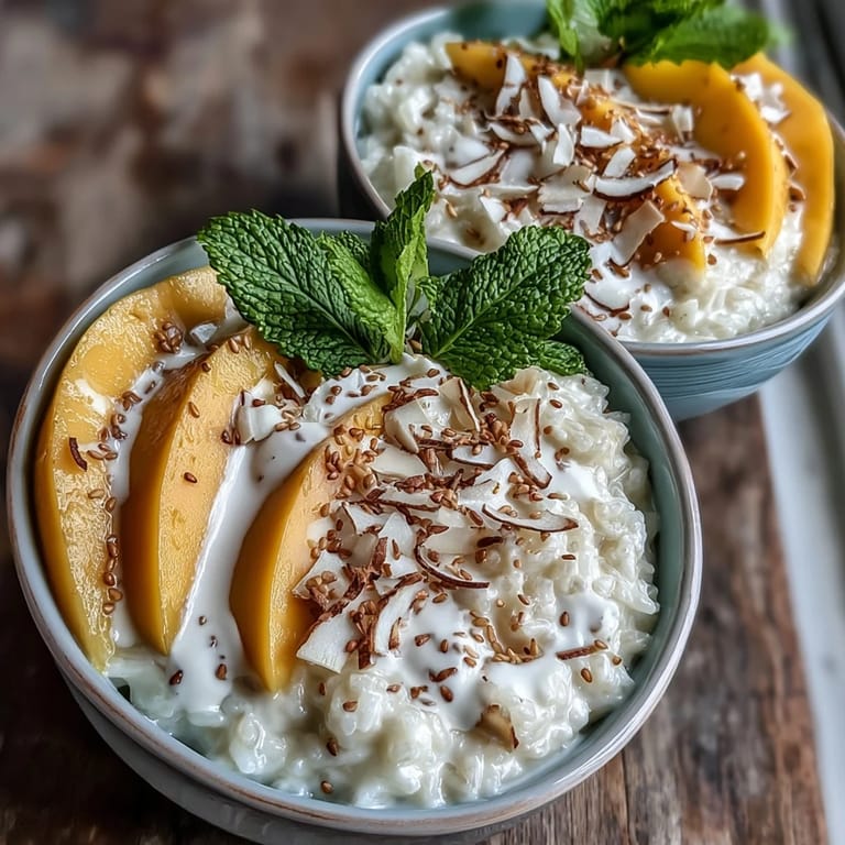 Serving four bowls of Vegan Mango Sticky Rice Breakfast Bowls with Coconut Cream, the tropical breakfast is garnished with mint and drizzled with coconut cream.