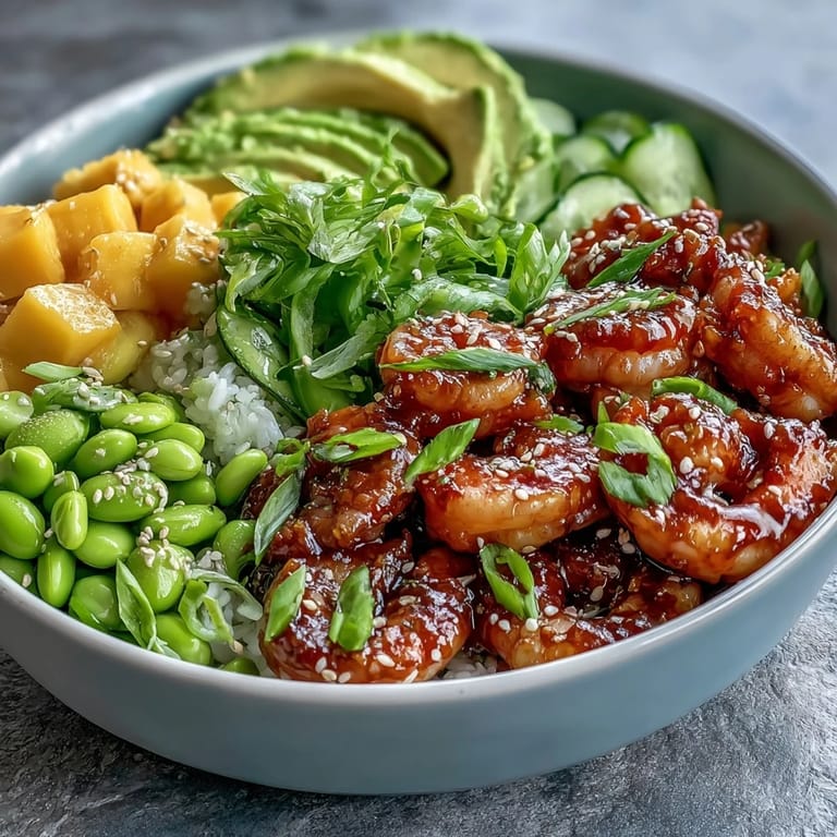 Serving suggestion of a 20-Minute Shrimp Poke Bowl with Mango and Edamame ready to eat with lime wedges.