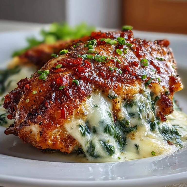 Golden Keto Spinach and Bacon Stuffed Chicken Breasts with Garlic Butter are sliced open to reveal the creamy filling.